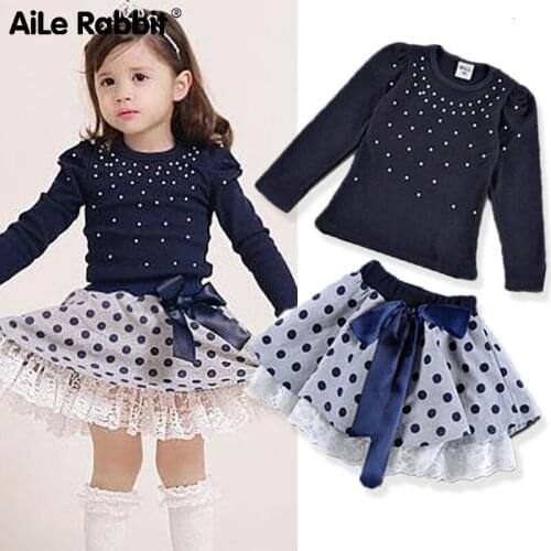 R&Z Girls' Suits 2019 New Arrival Autumn Girls T-shirt + Skirt 2pcs Clothing Diamond Dot Bow Dress Childrens Skirt Suit K1