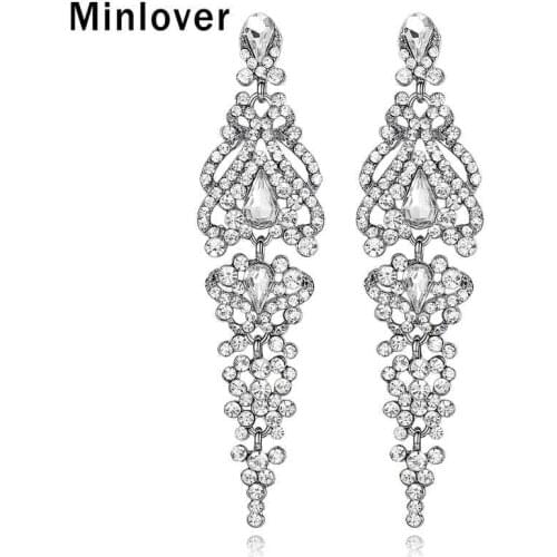 Minlover Wedding Earrings Crystal Long Dangle Earrings for Bridal Silver Color Rhinestone Drop Earrings Fashion Jewelry EH291