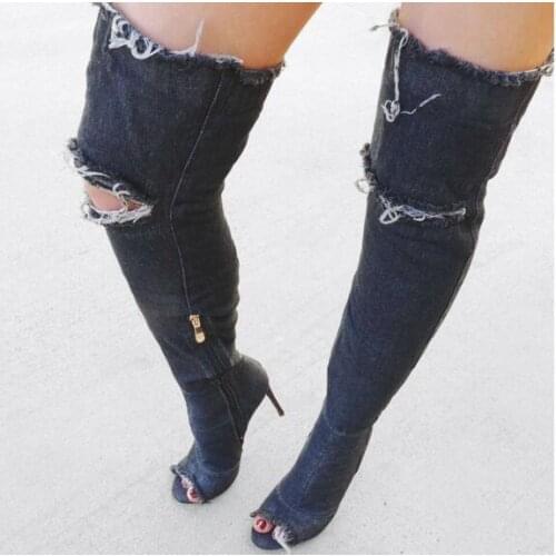 New fashion sexy open toe woman boots cutouts gladiator boots 2017 high quality denim thigh high boots thin heels boots