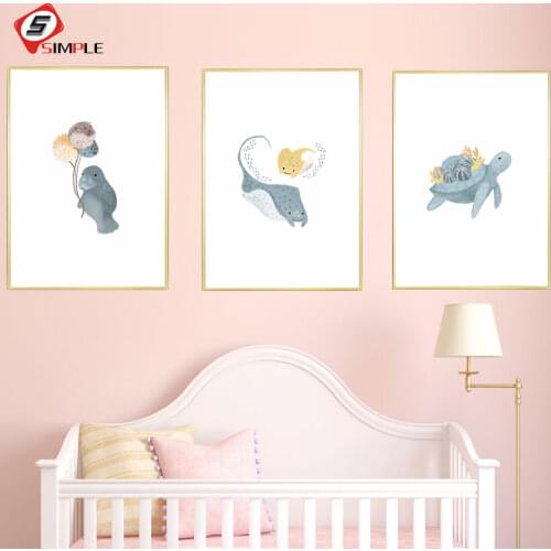 Ocean Baby Manatee Manta Ray Turtle Lizard Adventure Canvas Painting Sea Animal Poster Relaxing Wall Picture Home Children Room