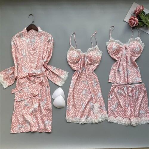 Sexy Sleepwear Print 4 Piece Set Faux Silk Pajamas Women Kimono Bathrobe Gown With Lace Pijamas Loungewear Spring New Lingerie