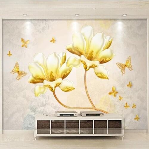 Custom Self-Adhesive Wallpaper 3D Embossed Gold Flower Photo Wall Mural Living Room Abstract Art Fresco Waterproof Wall Stickers