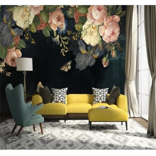 Professional custom wallpaper nordic retro european style oil painting rose flower sofa tv background wall