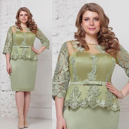 Plus Size Olive Green Satin Lace Mother Of The Bride Dresses Half Sleeve Knee Length Mother Dress For Wedding Evening Gowns