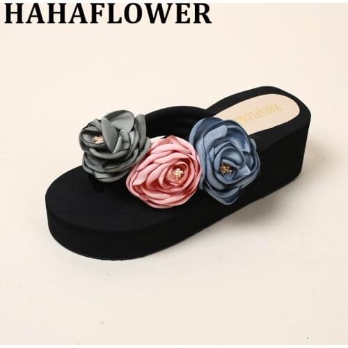 HAHAFLOWER Soft Wedge Women Flip Flops Sweet Medium Heel Summer Platform Shoes Fashion Lady Anti skidding Beach Shoes Plus Size