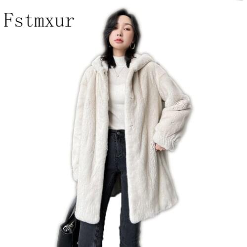 Fstmxur 2021 New Copenhagen Imports Velvt Mink Fur Coat Womens Full Sleeve Pure Color With Fur Hood Warm Medium Mink Fur Coats