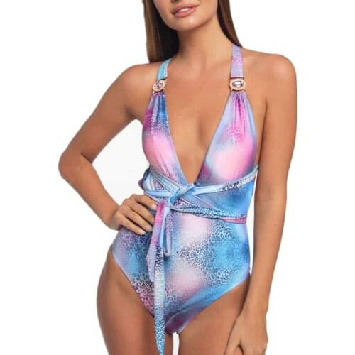 Sexy Deep V-neck Halter Bikinis Crystal Diamond One-Piece Swimsuit Women Cross Bandage Beachwear Summer Backless Bathing Suit