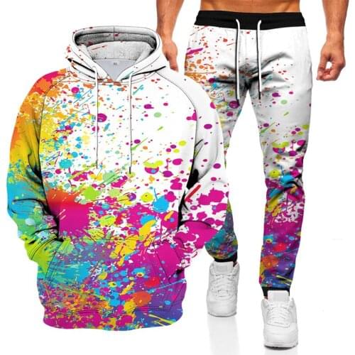 Mens and womens hooded sweater + sweatpants suit fashion street hip-hop loose casual splash ink gradient 3D printed sweatshirt