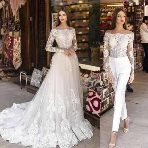YIWUMENSA Gorgeous Jumpsuits Detachable 2 In 1 Wedding Dresses Formal Party Bridal Gowns Long Sleeves Boat Neck Robe De Marriage