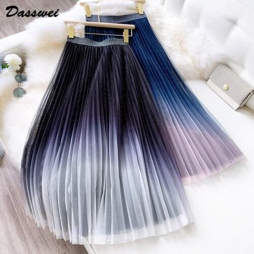 DASSWEI Starry Sky Bling Bling Gradient Mesh Skirt For Women Spring Elastic High Waist Tulle Pleated Female Fairy A-Line Skirts