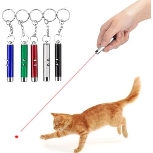 2-In-1 Funny Cat Stick Red Mini LED Laser Pointer Keychain Pet Cat Dog Interactive Training Supplies Keyring 650nm Wavelength