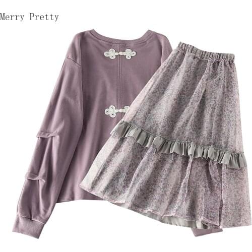 Womens Sets Sweatshirts And A-line Skirts Purple Split Hoodies And Floral Ruffles Knee Length Skirt 2020 Spring New Two Piece