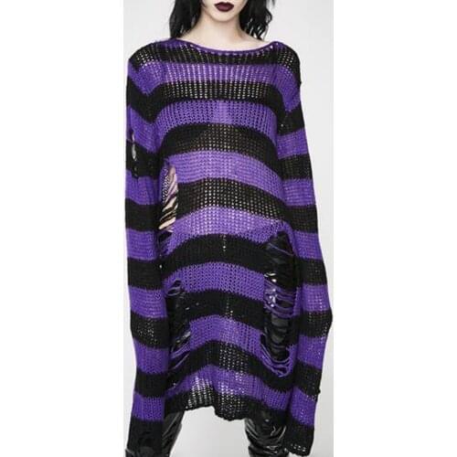 Halloween 200 Gothic Knitted Sweater Women Long Pullovers Striped Loose Winter Ripped Plus Size Sweaters Jumpers Mujer Jersey
