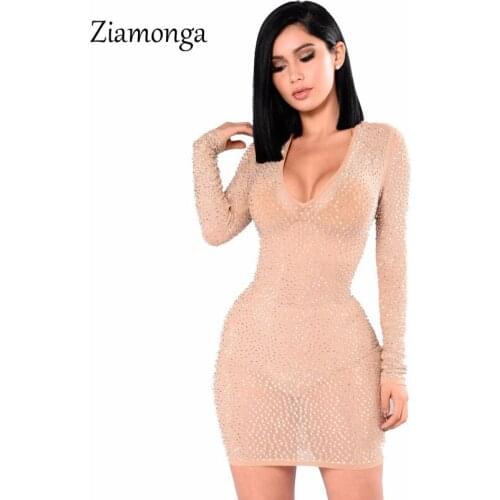 Ziamonga V Neck Night Out Club Mesh Dress Rhinestone Outfit Diamonds Long Sleeve Party Dresses Sexy Women Short Bodycon Dress