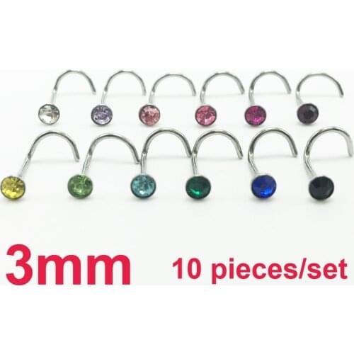 10pcs fashion womens 3mm nose studs rings stainless steel mixed colors piercing nose cheap body pircing jewelry free shipping