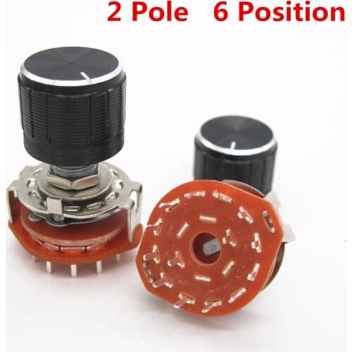 2pcs High-quality Shaft Panel Mount 2P6T Rotary Switch Selector Band 2 Pole Position 6 RS25 +2pcs black aluminium alloy knob