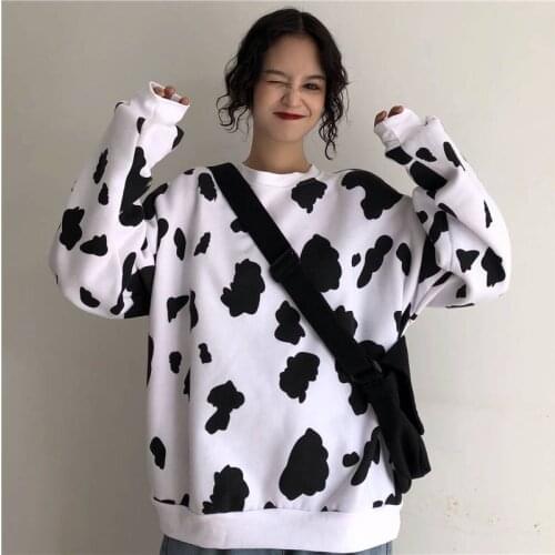 Cow Milk oversize Loose Long Sleeve Hoodies Kawaii Autumn Female Sweatshirts Printed clothes Fashion Women Casual tops