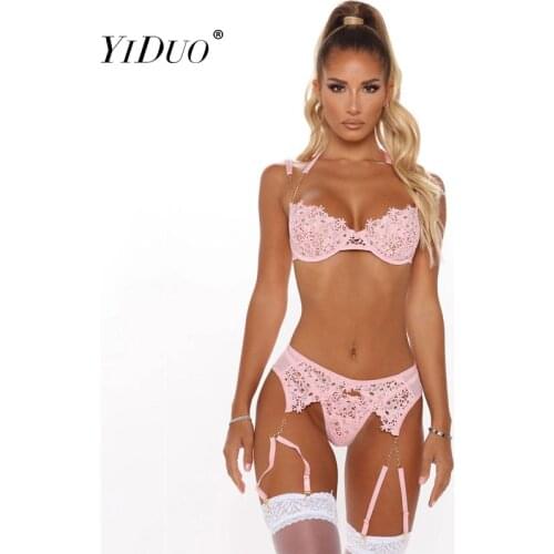 YiDuo Pink Lace Underwear Set Sexy Halter Lingerie Set Floral Print Transparent Bra 3 Piece Set Bra And Panty Womens Club Wear
