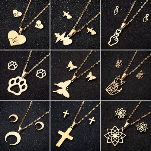 SMJEL Multiple Stainless Steel Cross Heart Necklaces Women Gold Jewelry Sets Simple Butterfly Cat Moon Earrings Flower Wholesale