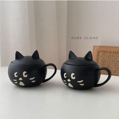 Japanese style creative funny black surprised cat with lid ceramic mugs coffee cups office home cartoon couple mug for friends