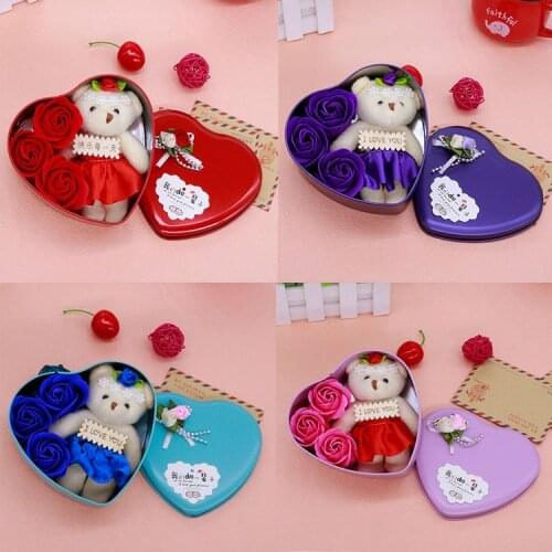 Lovely Heart-Shaped Rose Soap Flower with Plush Animal toys Teddy Bear Doll Romantic Wedding Party Flower Petals Valentine gifts