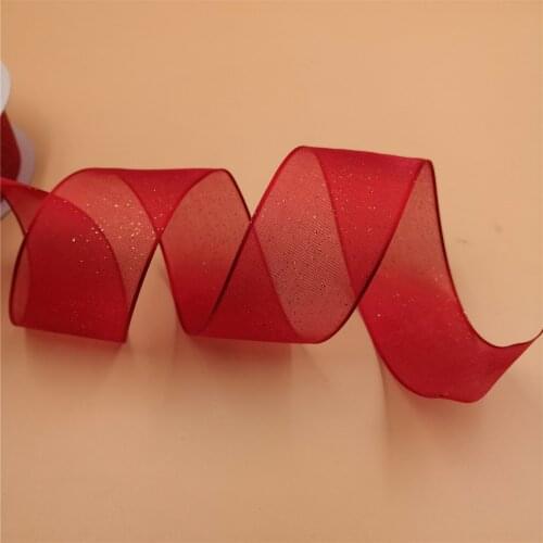 N1091 38mm(1-1/2") Christmas glitter red organza ribbon gift packaging wired edge ribbon 25yards roll