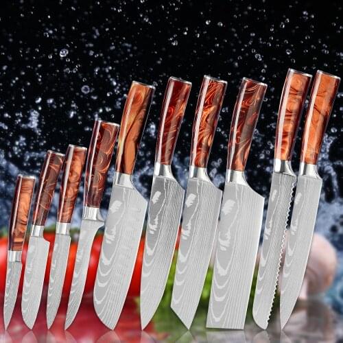 Kitchen Knives Set Laser Damascus Pattern Chef Knife Sharp Santoku Cleaver Slicing Boning Utility Knives Resin Handle Best Gift