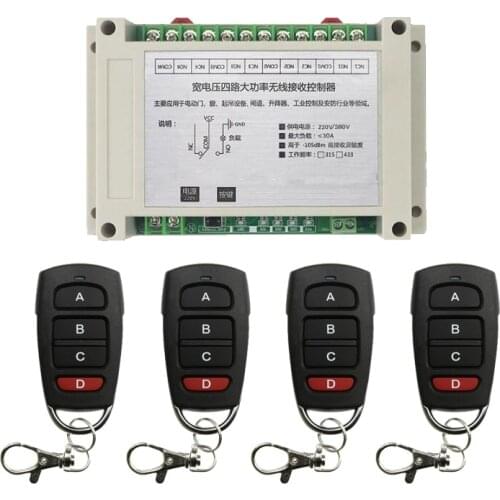 AC 220 V 250V 380V 4 CH 30A relay RF Wireless Remote Control Receiver Transmitter Universal power controller 315/433mhz
