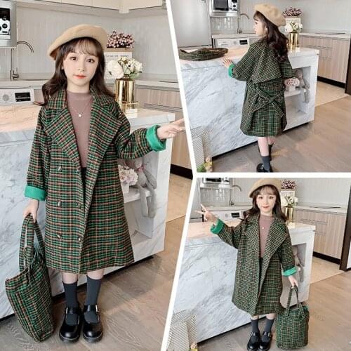 Green Jacket Winter Spring Coat Outerwear Top Children Clothes School Kids Costume Teenage Girl Clothing Woolen Cloth High Quali