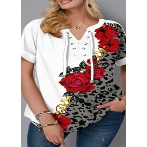 5XL Plus Size Women Clothing Shirts T-Shirts Short Sleeve Fashion Bandage V-Neck Tee Flower Print Casual Tops Loose Lady T-Shirt