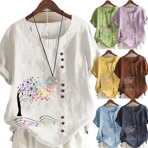 Womens New Fashion Linen Shirt Round Neck Short Sleeve Printed T-shirt Summer Ladies Casual Plus Size Blouse Tops