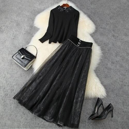 European and American womens clothing 2020 autumn new style Long-sleeved beaded sweater Netting lace skirt fashion suit
