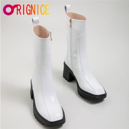 Orignice New Autumn Women High Quality Leather Ankle Boots Fashion Mid Thick Heels Elegant Beige Black Square Toe Zipper Shoes