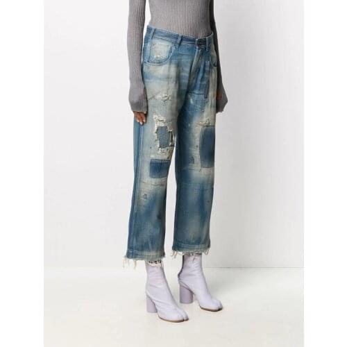 New Style Fashion 11.4 Casual Hole Tassels Patchwork Straight Pants Wide Leg Jeans Women