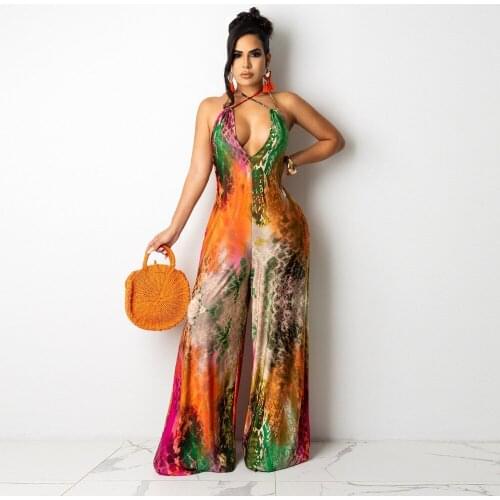 Sexy Print Fitness Jumpsuit Women Halter Backless Sleeveless Deep V-neck One Piece Overall Autumn Party Streetwear Hot Clothing