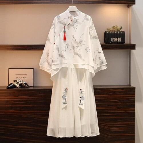 Chinese Style Hanfu Improved Women Clothing Suit Crane Print Buttons Loose Blouse+Pleated Skirt 2 Piece Set 2021 Summer Dress