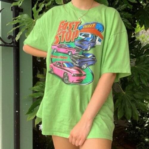Harjuku Car Pattern T-short Summer Loose Red Letter Print Fashion Women Short Sleeve O-neck Green Top