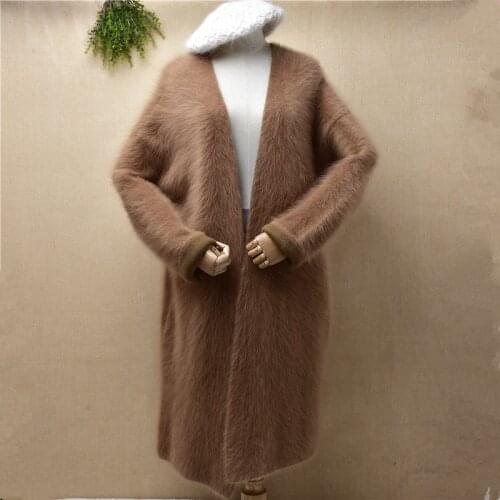 Ladies women winter thick warm hairy plush mink cashmere knitted long sleeves loose long sweater cardigan mantle angora fur coat
