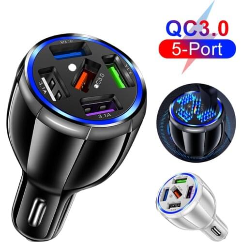 5 Ports USB 15A Car Charger QC 3.0 Port Phone Fast Charging Adapter for IPhone 12 Xiaomi Samsung Intelligent Charging