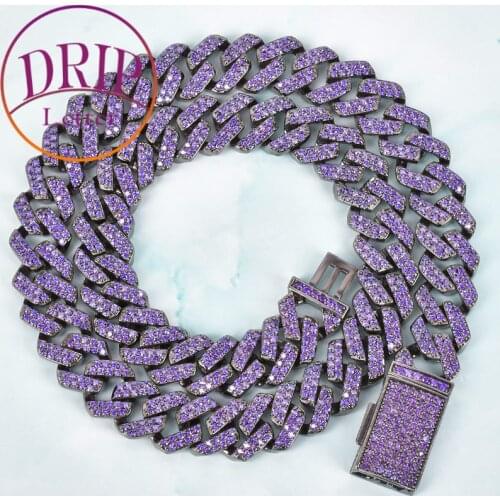 Purple Color Miami Cuban Necklace Gold Color Iced Out Choker 14mm Square Cubic Zircon Rock Hip Hop Style Mens Jewelry