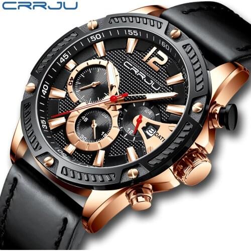 CRRJU New Fashion Men Watches Analog Quartz Wristwatches 30M Waterproof Chronograph Sport Date Leather Band Watches montre homme