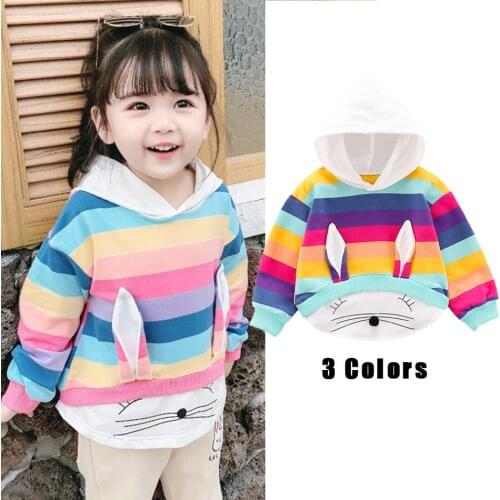 Autumn Girls Hoodies Sweatshirts Children Striped Cat Print Pocket Sweatshirt 3 Colors Baby Girl Warm Hoodies 1-4 Years