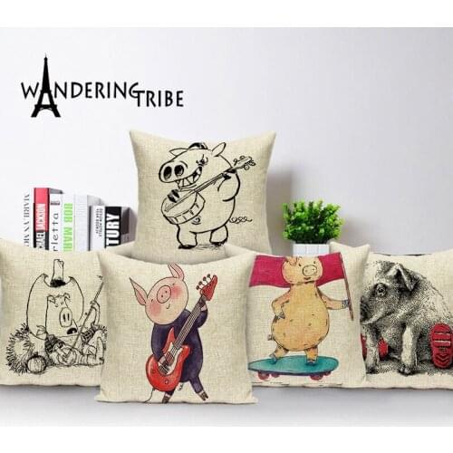 Childrens Cushions Decorative Sofa Cute Animal Cushions Cover Cartoon Pig Throw Pillows 45 X 45 Cm Linen Living Room Pillow Case