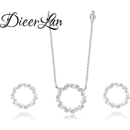 DIEERLAN Dubai Rhinestone Jewelry Set Silver Color Zirconia Circle Earrings Long Chain Choker Necklaces for Women Wedding