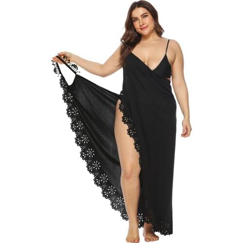 Sexy Long Beach Dress Bikini Cover Ups Tunic Plus Size Women Solid Lace Pareo Swimsuit Cover-up Beachwear Sleeveless Dress 4XL