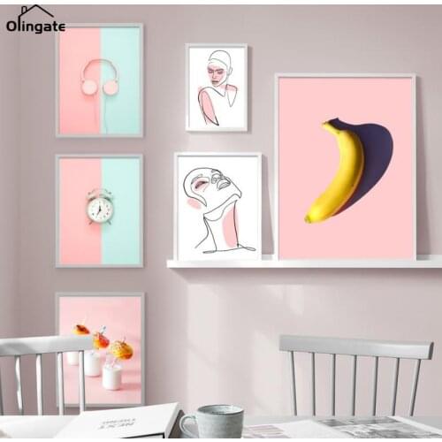 Headset Clock Banana Line Girl Wall Art Canvas Painting Nordic Posters and Prints Abstract Wall Pictures for Living Room Decor