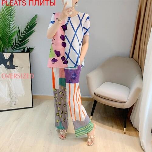 Miyake Fold Suit Summer New Style Pink Round Neck Short-sleeved T-shirt + Straight Pants Two-piece Set Trousers Set Tshirt Suit