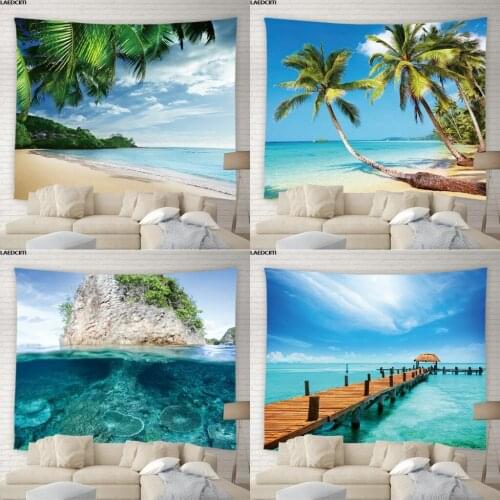 Beautiful Natural Ocean Big Tapestry Hippie Wall Hanging Green Plant Pier Sandy Beach Rug Camping Tent Sleeping Bohemian Decor