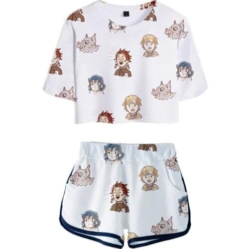Demon Slayer Cute version two piece set Hip hop Summer Umbilical Shirt Woman Fashion Casual Cool Summer Harajuku Set