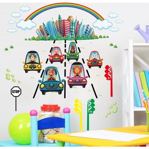 Cartoon City Rainbow Animals Driving On Road Traffic Wall Stickers Decals For Boys Bedroom Kids Room Car Poster Mural Wall Decor